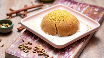 Warm Semolina Halva with Peanuts and Ice Cream