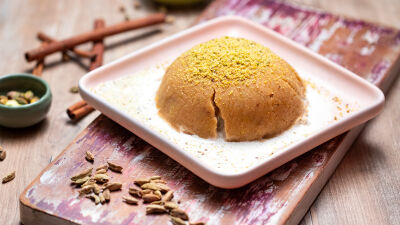 Warm Semolina Halva with Peanuts and Ice Cream