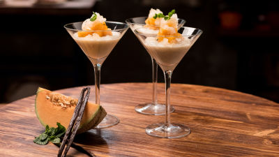 Creme de Baunilha com Melão e Granizado de Menta