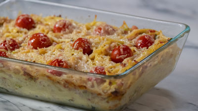 Esparguete com Bacon e queijos, no forno