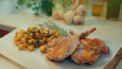 Печено пиле на тиган със сотирани картофи