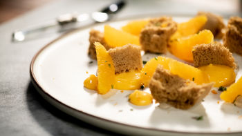 Esponja de Cogumelos Boletus com Creme de Laranja e Gel de Tomilho