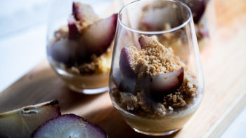 Arroz Doce, Pêra Bêbada e Crumble de Amêndoa