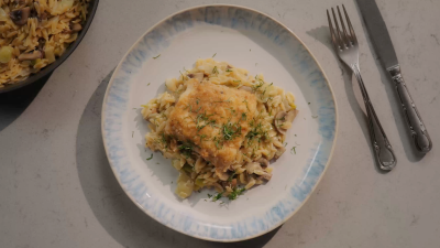 Bacalhau com Orzo de Cogumelos e Alho Francês