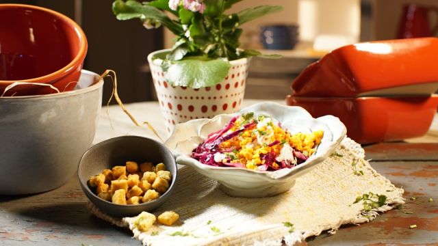 Salada de Lentilhas com Croutons de Farinha de Grão (sem glúten)