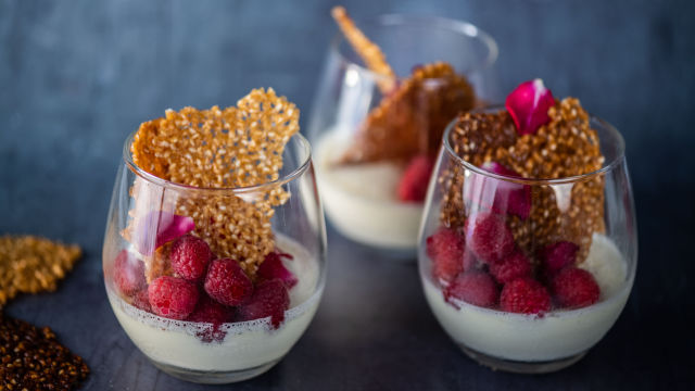 Pannacotta de Chocolate Branco com Framboesas e Telhas de Sésamo