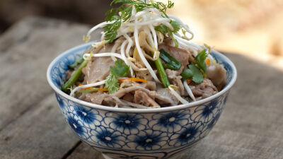 Vok sa ljubičastim nudlama bambusom i svinjetinom