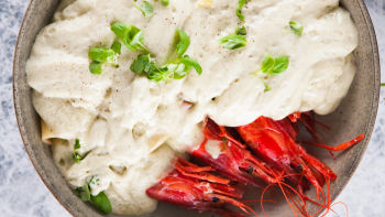 Testenine mezze maniche s kozicami in špekom