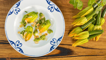 Steamed Zucchini Flowers With Fresh Ricotta, Taleggio & Zucchini Pesto